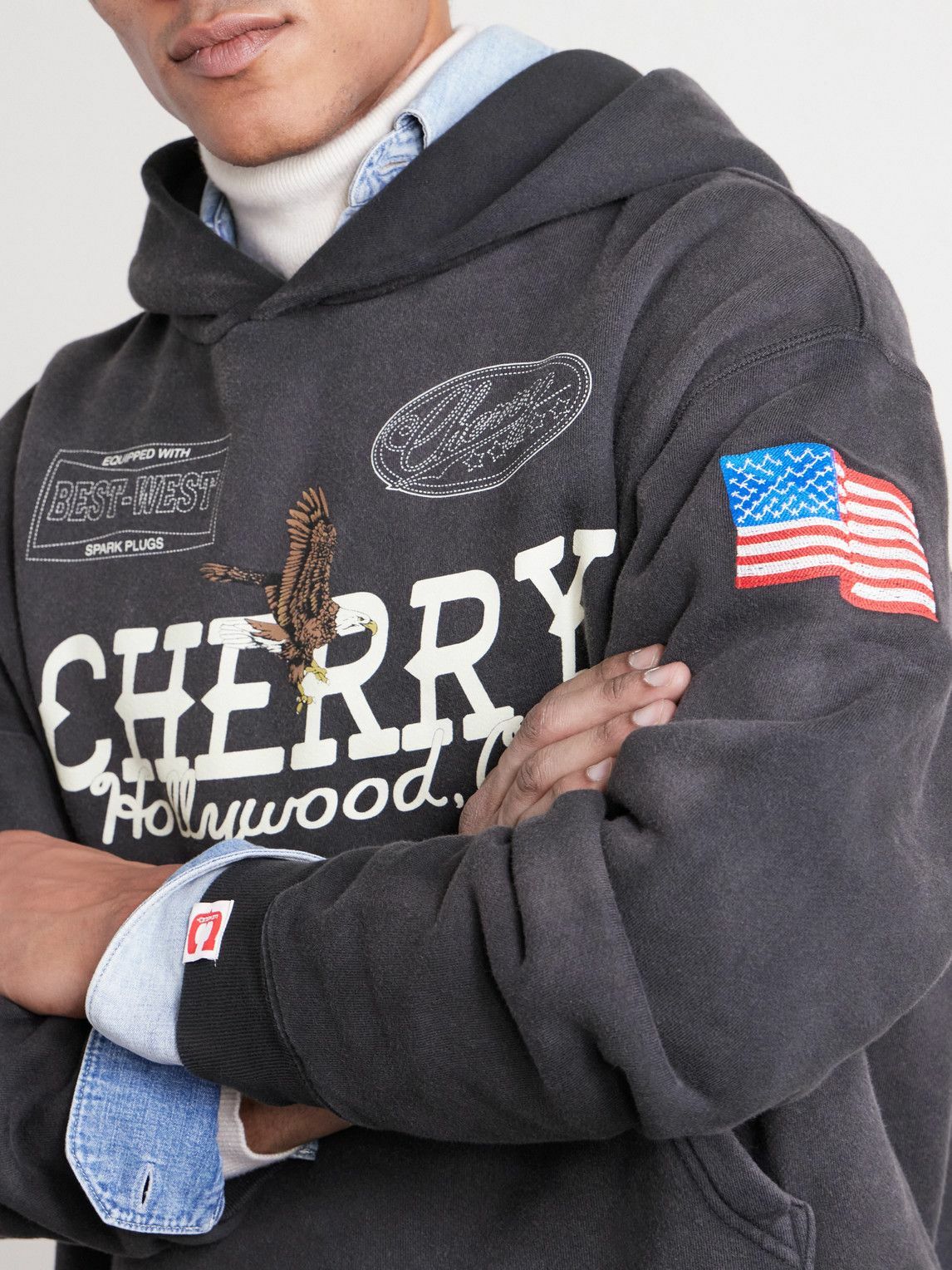 Cherry Los Angeles - Hollywood Logo-Print Embroidered Cotton-Jersey Hoodie - Black