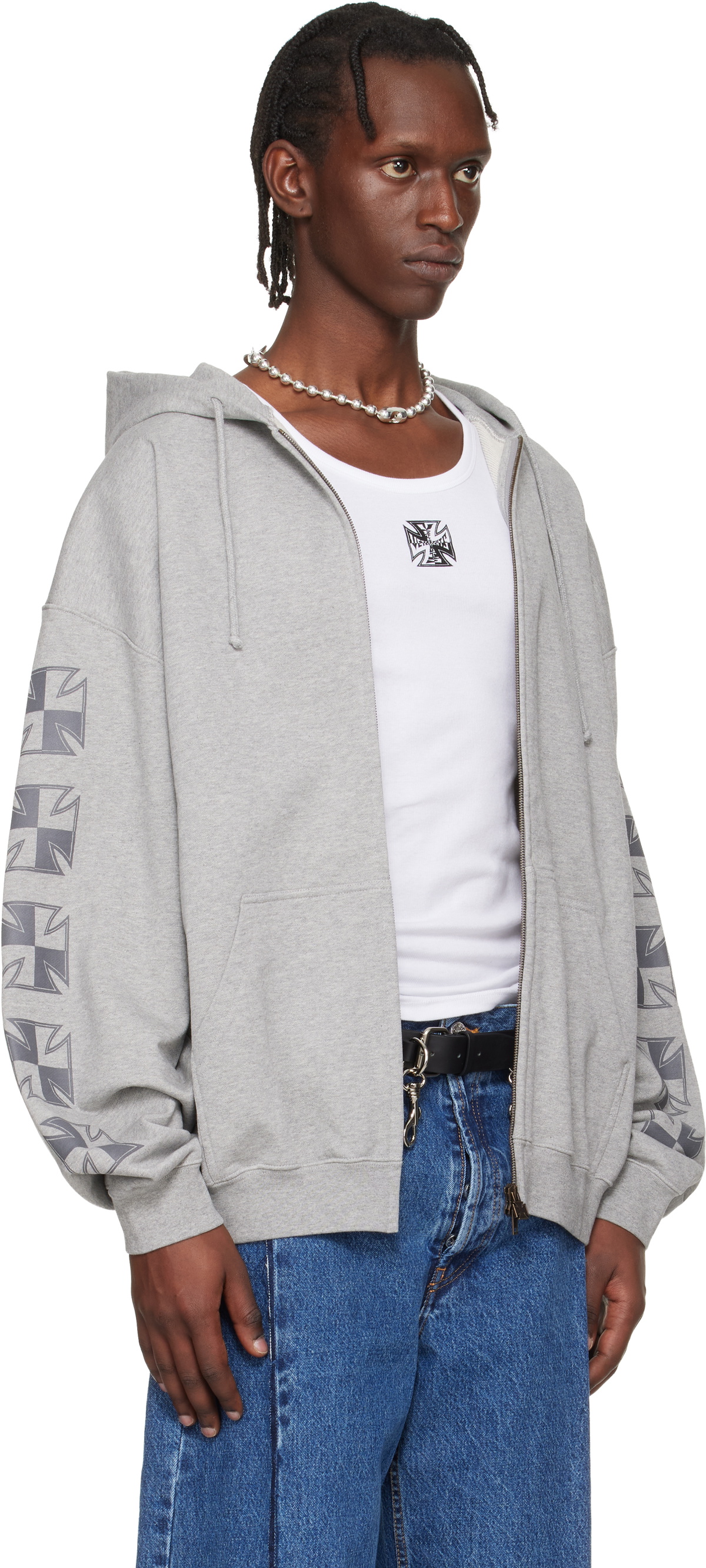 VETEMENTS Gray Biker Cross Sleeves Zip-Up Hoodie