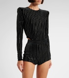 Alex Perry Crystal-embellished pinstripe velvet bodysuit
