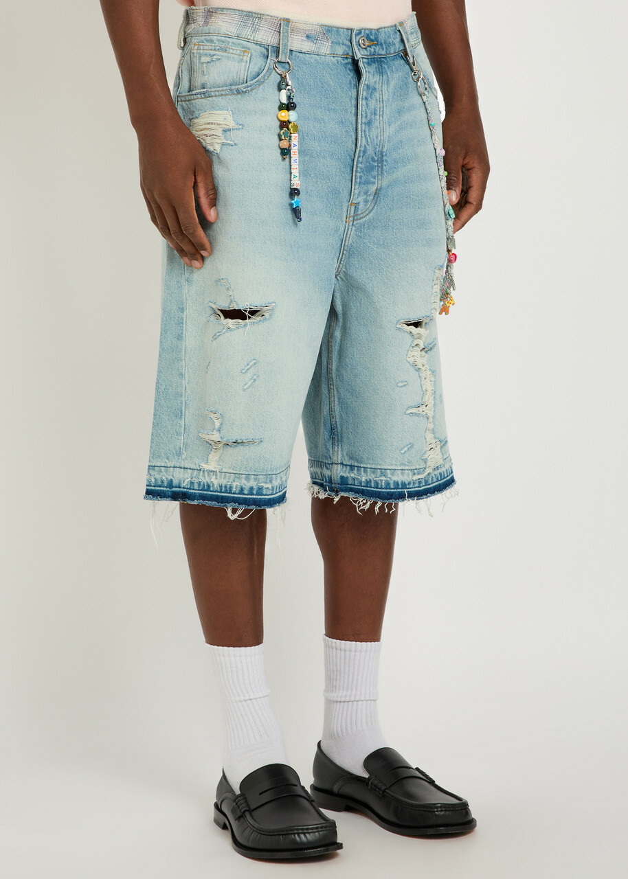 Nahmias Beaded Distressed Denim Shorts Blue