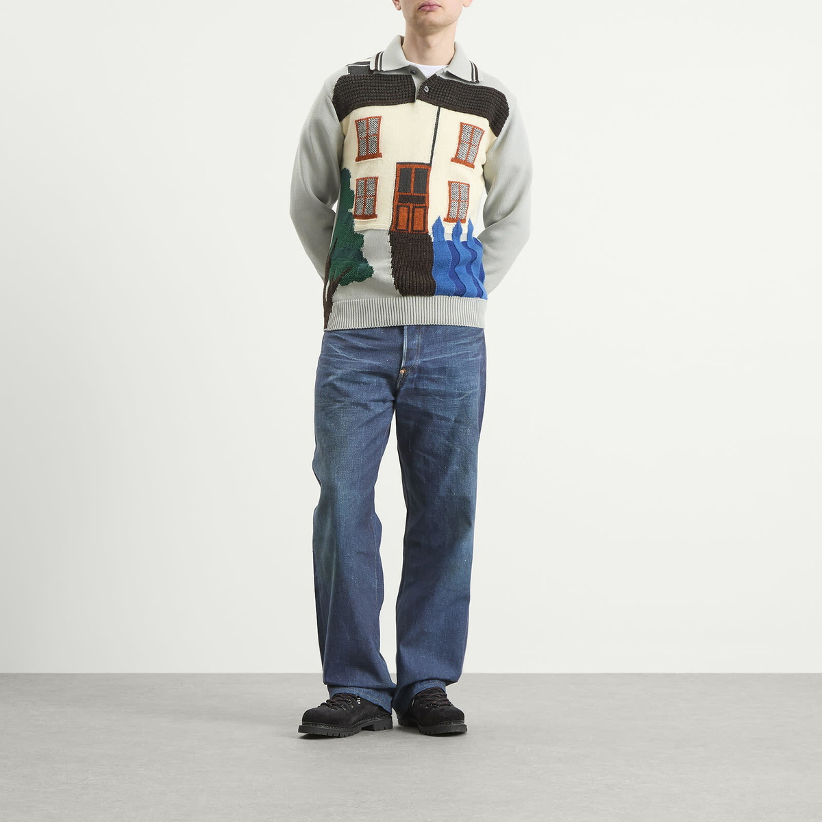 Junya Watanabe MAN Men's Intarsia Jacquard Jumper in Blue Gray