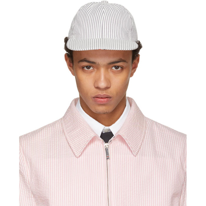 Photo: Thom Browne Grey and White Seersucker Six-Panel Baseball Cap 