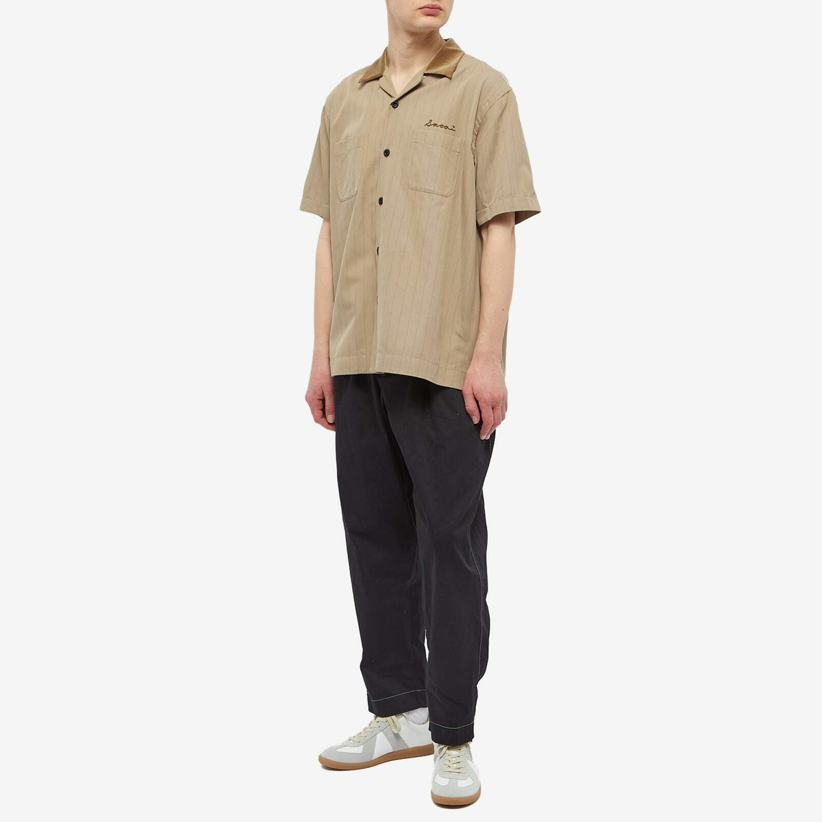 Sacai Men's Chalk Stripe Bowling Shirt in Beige Sacai
