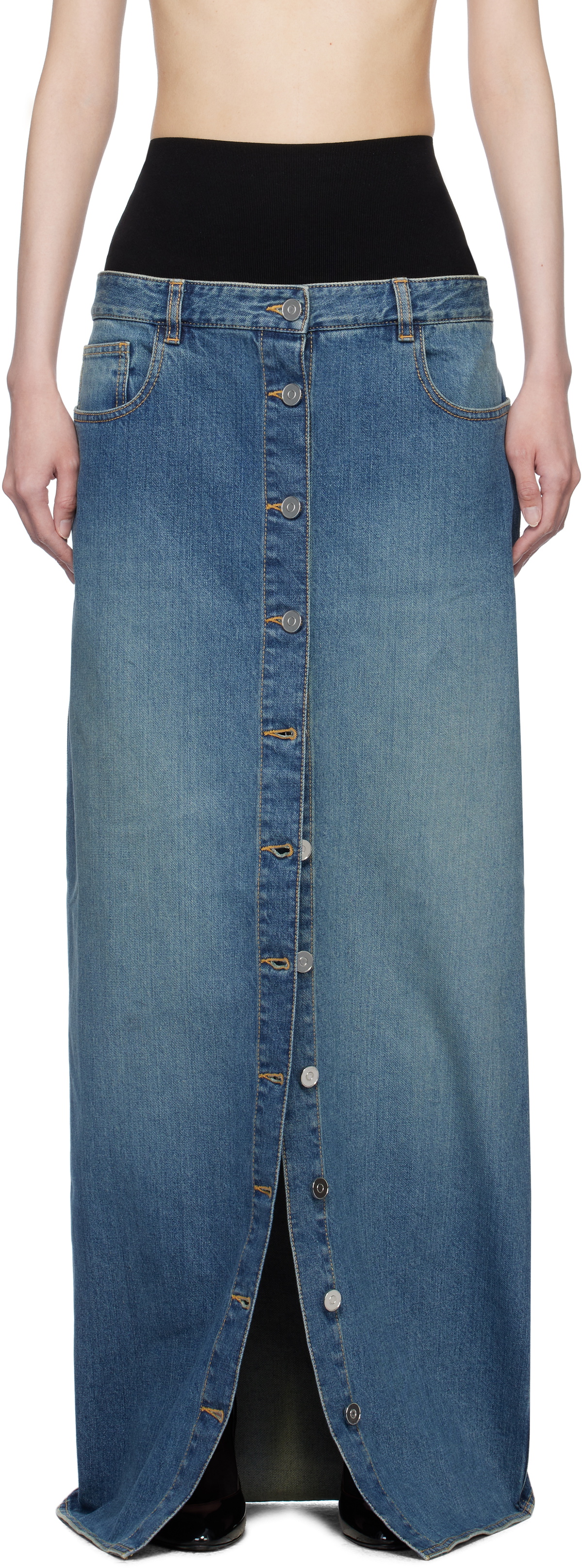 ALAÏA Blue Knitted Waistband Denim Maxi Skirt ALAÏA