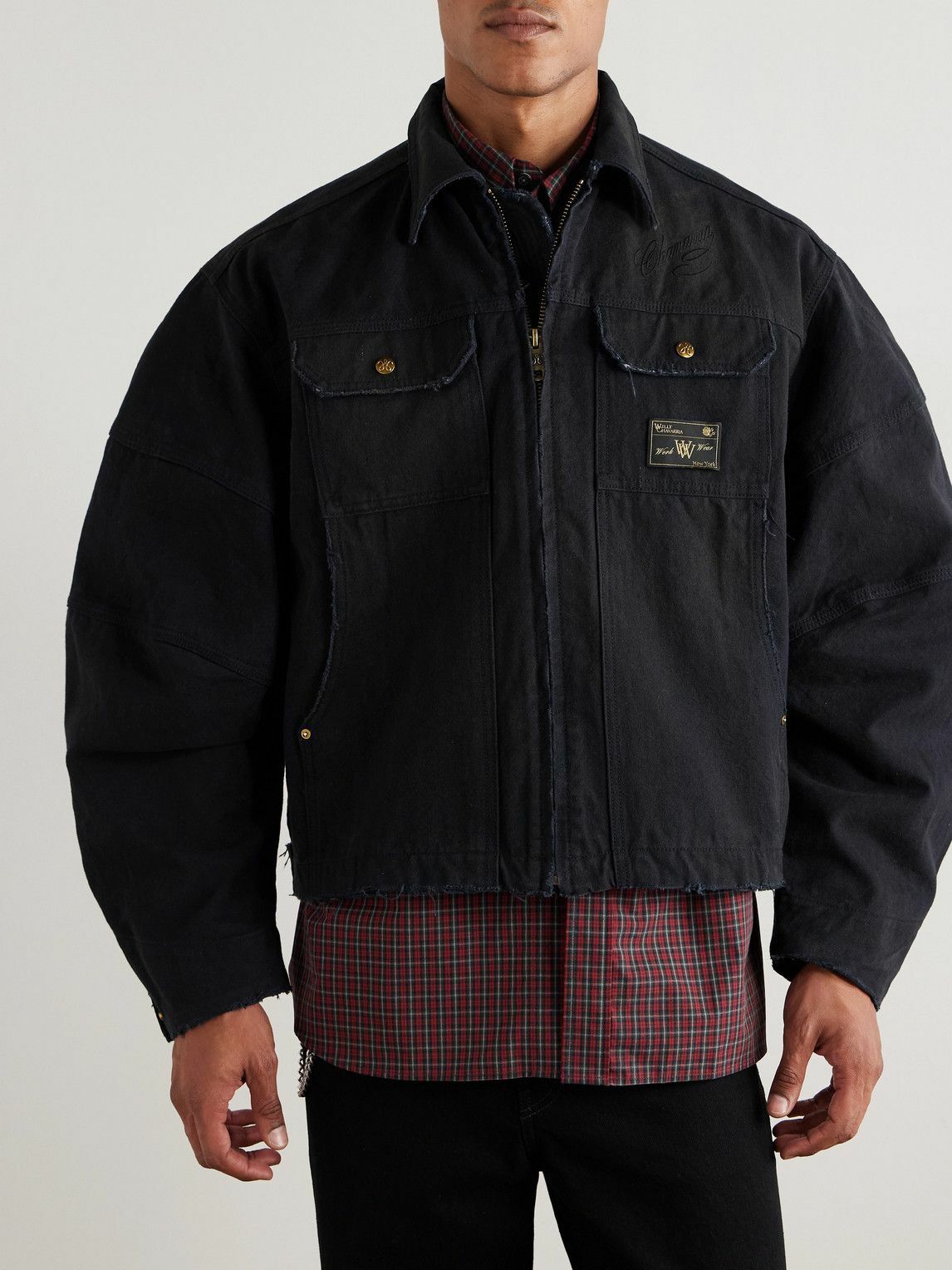 Willy Chavarria - Stockton Cropped Logo-Detailed Distressed Denim Jacket - Black
