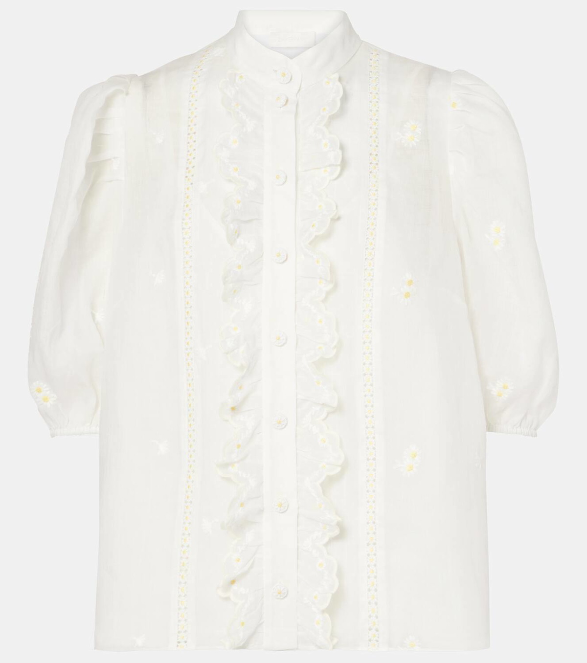 Zimmermann Acacia ruffled embroidered ramie blouse