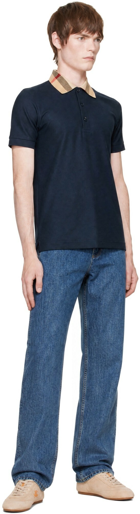 Burberry Navy Check Collar Cotton Polo