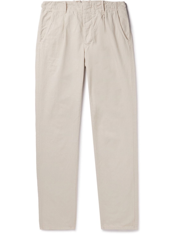 Photo: Incotex - Straight-Leg Pleated Herringbone Cotton and Linen-Blend Trousers - Neutrals