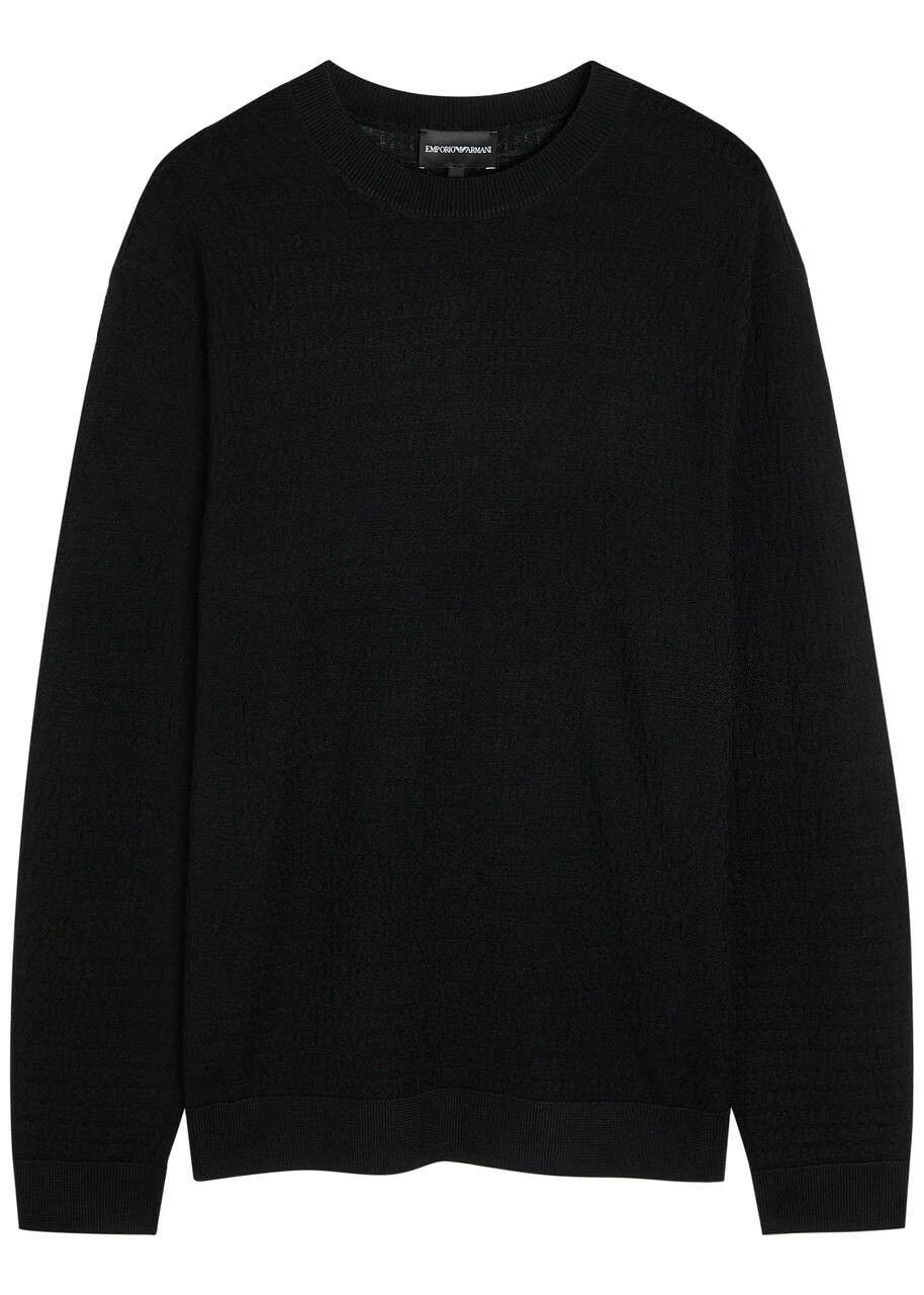 Emporio Armani Logo-weave Fine-knit Wool Jumper Black