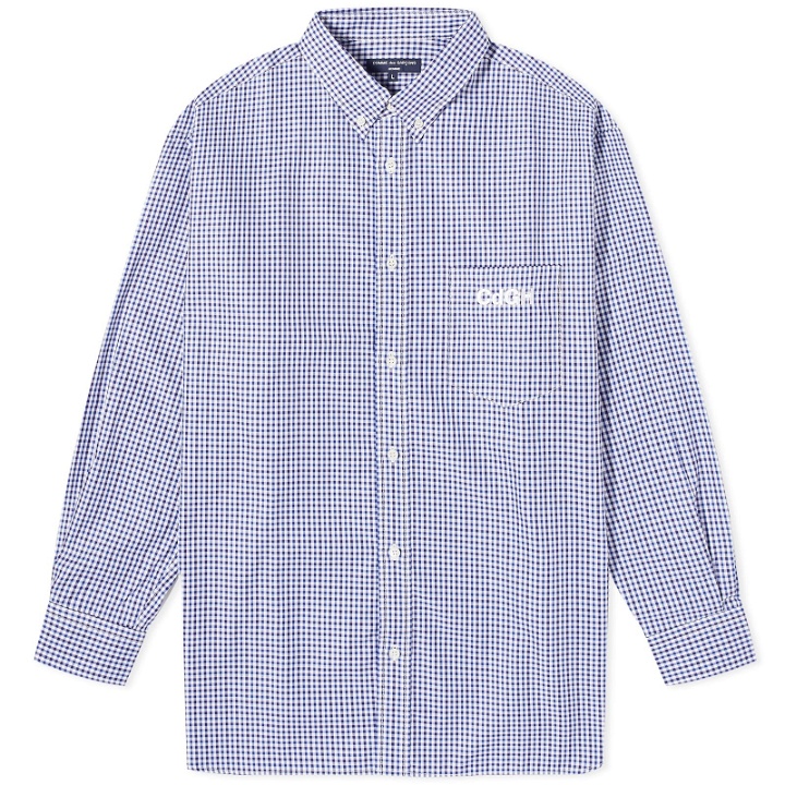 Photo: Comme Des Garçons Homme Men's Gingham Embroidered Logo Shirt in White/Blue/Black