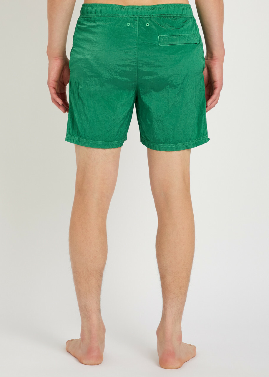 Stone Island Logo Crinkled Nylon Swim Shorts Dark Green