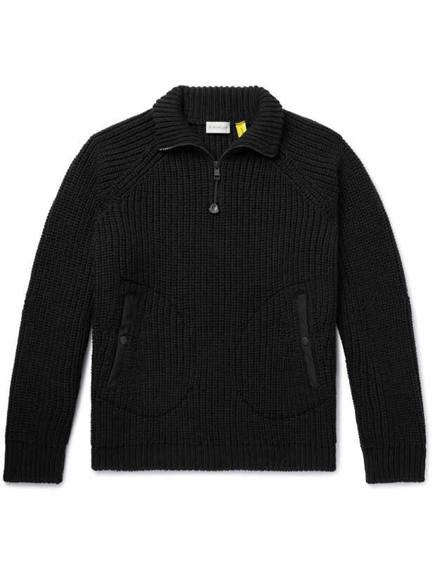 Photo: Moncler Genius - Pharrell Williams Shell-Trimmed Ribbed Wool Half-Zip Sweater - Black
