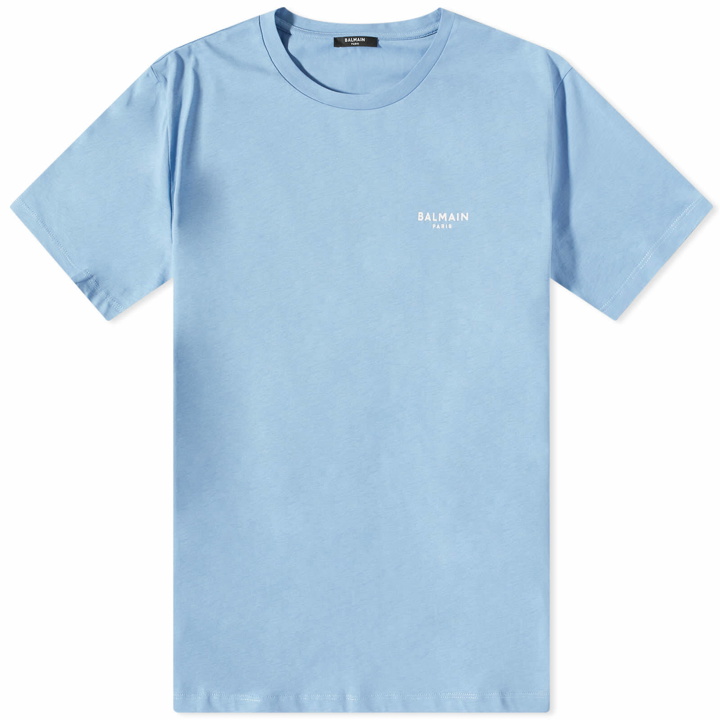 Photo: Balmain Men's Flock Small Logo T-Shirt in Sky Blue