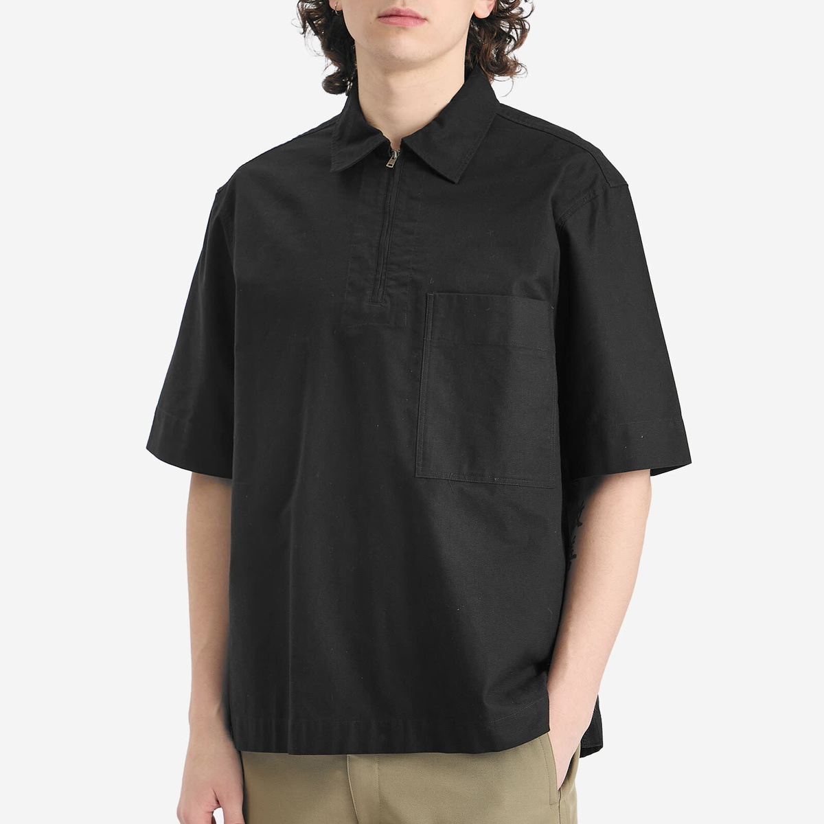 MHL by Margaret Howell Men's Half Zip Pull On Shirt in Black