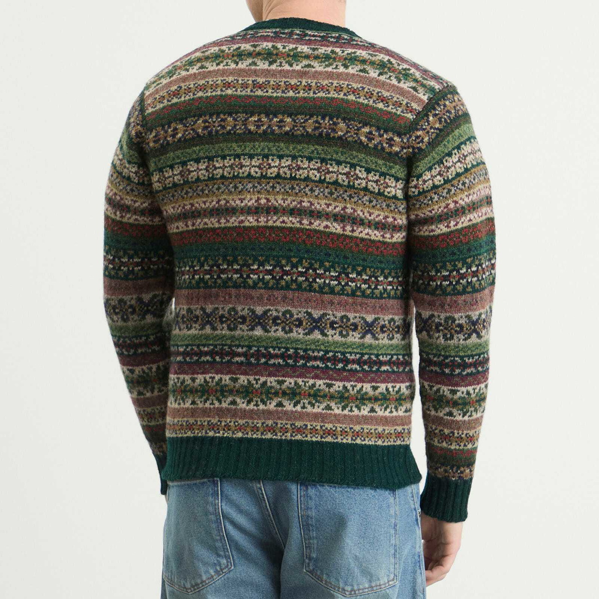 Jamieson's of Shetland Men's Jamiesons of Shetland Fair Isle Crew Knit in Green/Beige/Red
