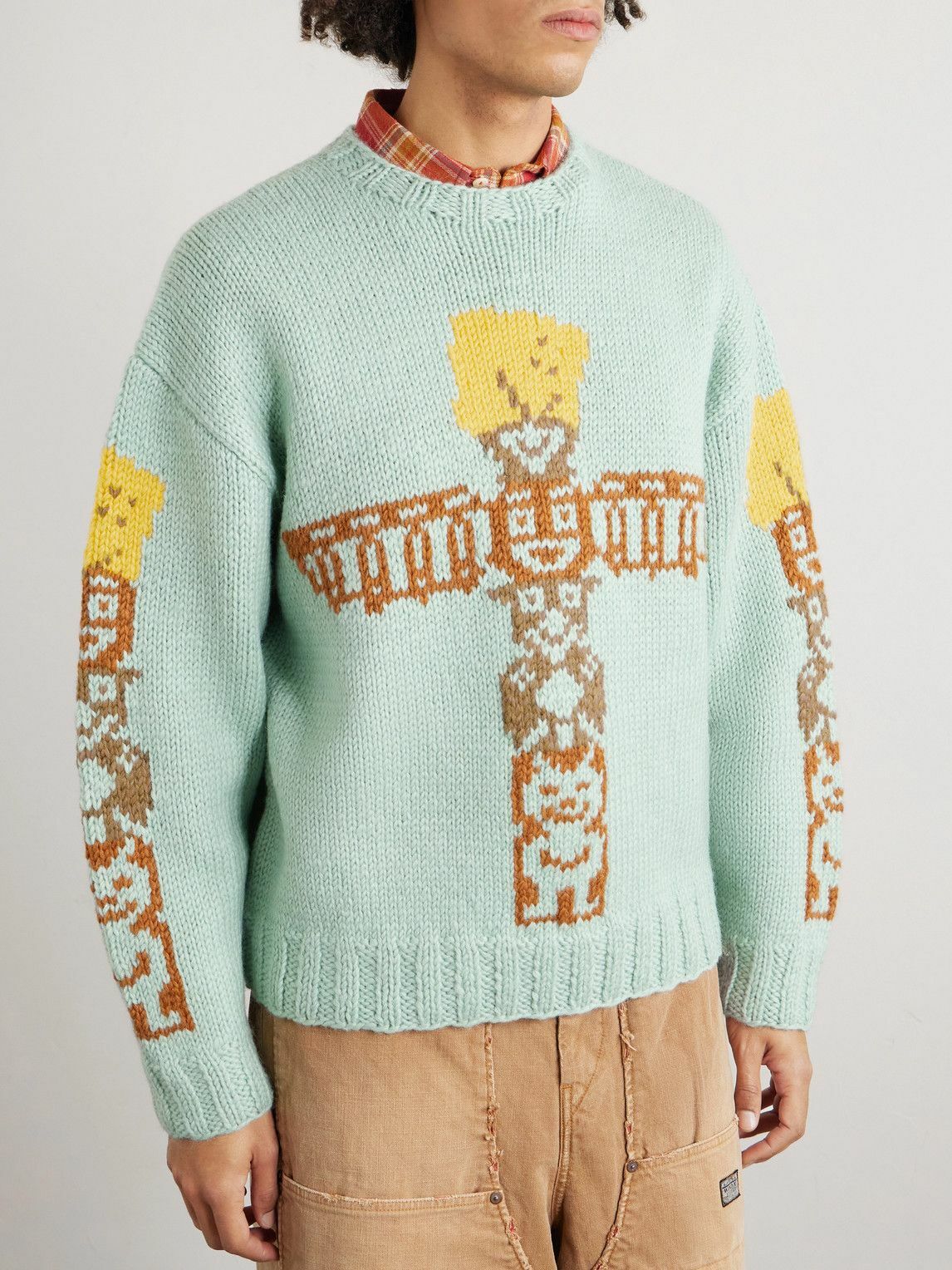 KAPITAL - Peckish Totem Pole Intarsia Wool Sweater - Blue