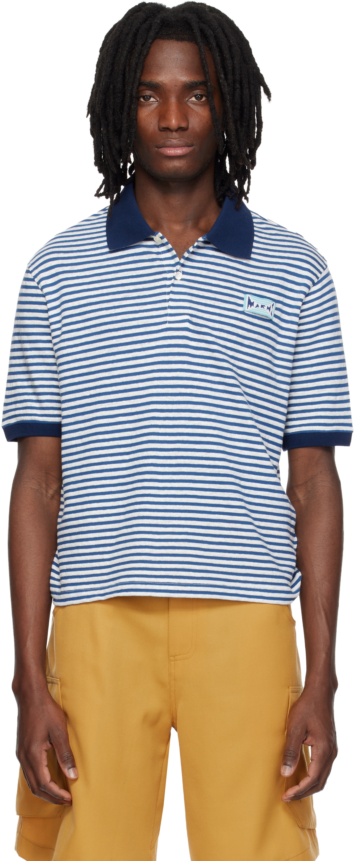 Marni Blue Striped Linen Blend Polo