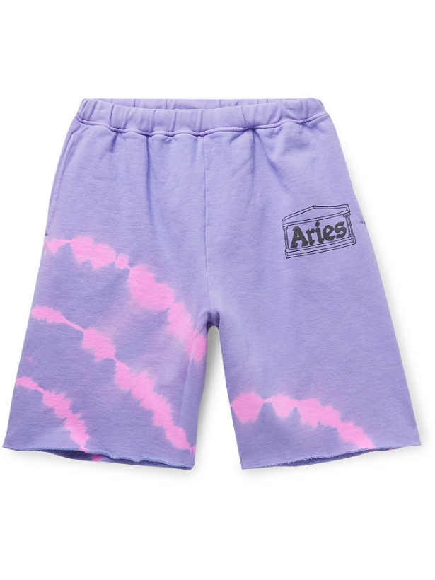 Photo: ARIES - Logo-Print Tie-Dyed Fleece-Back Cotton-Jersey Shorts - Purple - M