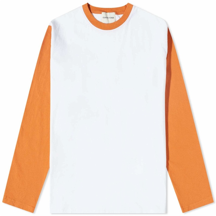 Photo: Country Of Origin Men's Long Sleeve Baseball T-Shirt in White/Sunshine Orange