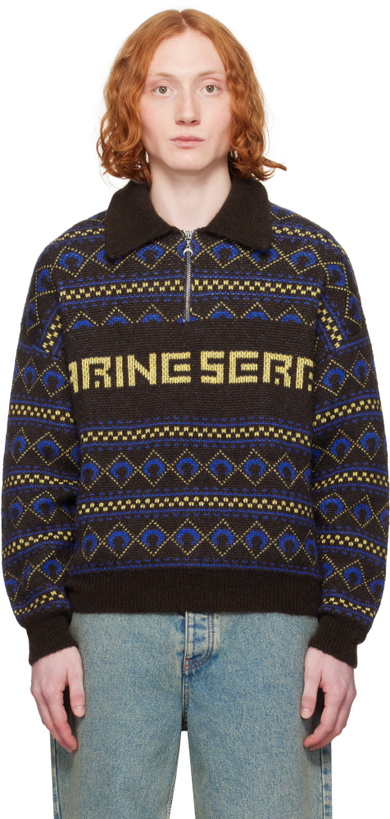 Photo: Marine Serre Brown 'Marine Serre' Jacquard Knit Crewneck Sweater