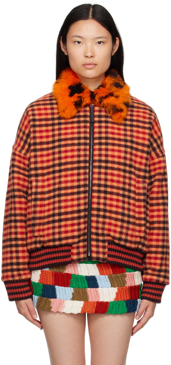Marni Orange Check Shearling Bomber Jacket Marni