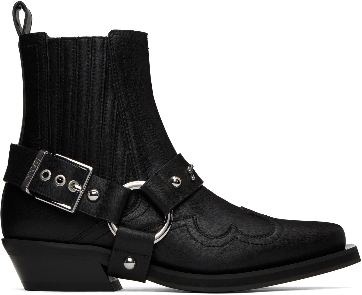 ショートブーツ・ブーティ Chelsea Biker Ankle Boots - Ganni - Leather - Black GANNI Black Low Cut Biker Chelsea Boots GANNI