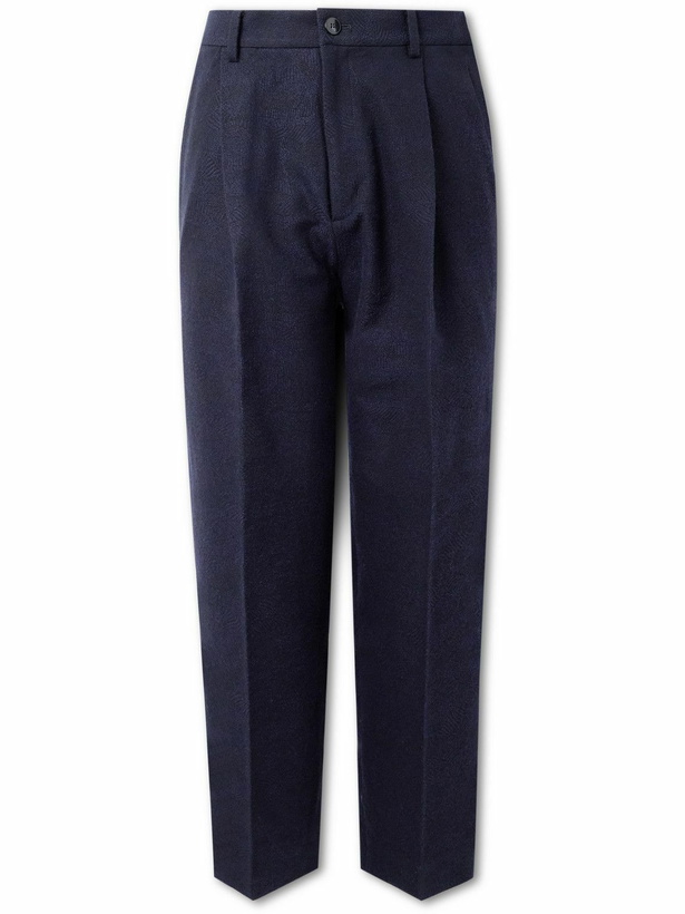 Photo: Blue Blue Japan - Straight-Leg Pleated Jacquard Cotton and Wool-Blend Suit Trousers - Blue