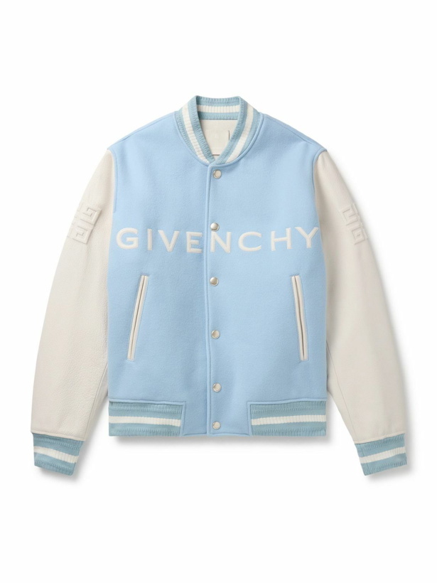 Photo: Givenchy - Logo-Embroidered Wool-Blend and Full-Grain Leather Varsity Jacket - Blue