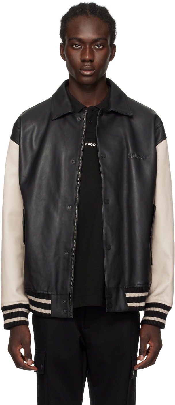 Hugo Black & Beige Embossed Leather Jacket Hugo Boss