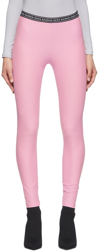 Photo: Balmain Pink Rib Knit Logo Leggings