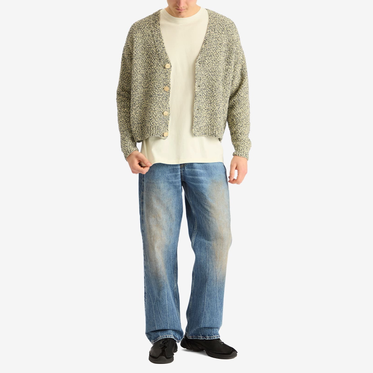 Auralee Men's Cotton Cashmere Cord Knit Cardigan in Lime/Navy Auralee