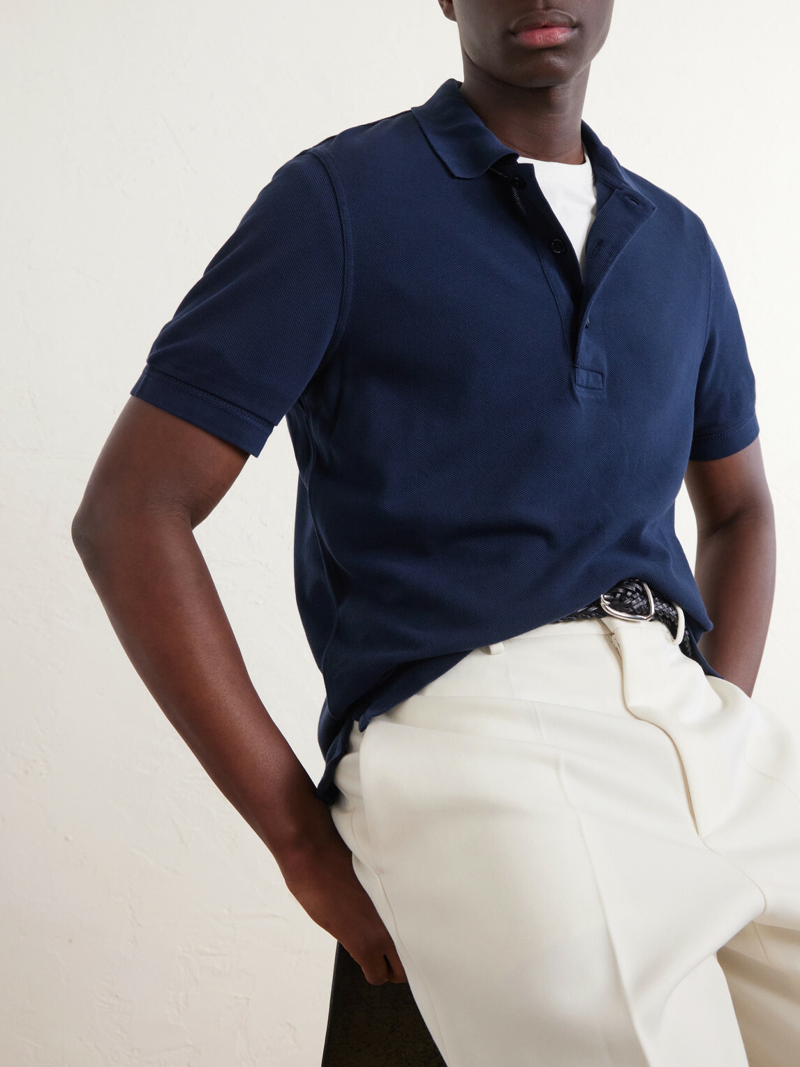 TOM FORD - Slim-Fit Lyocell and Cotton-Blend Piqué Polo Shirt - Blue