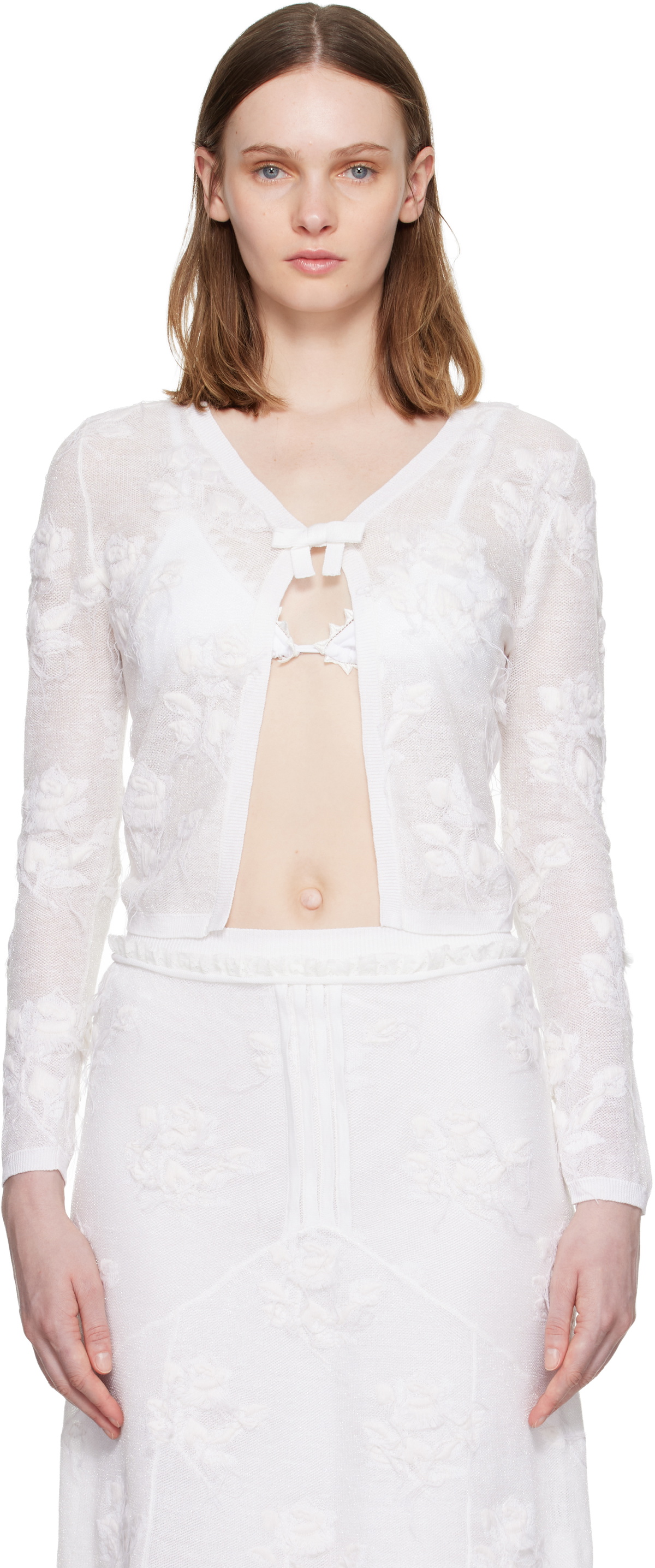SHUSHU/TONG White Threadwork Bow Cardigan