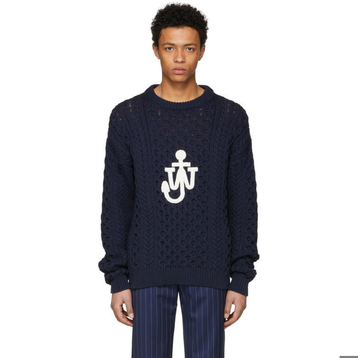JW Anderson Navy Cable Knit Logo Sweater JW Anderson