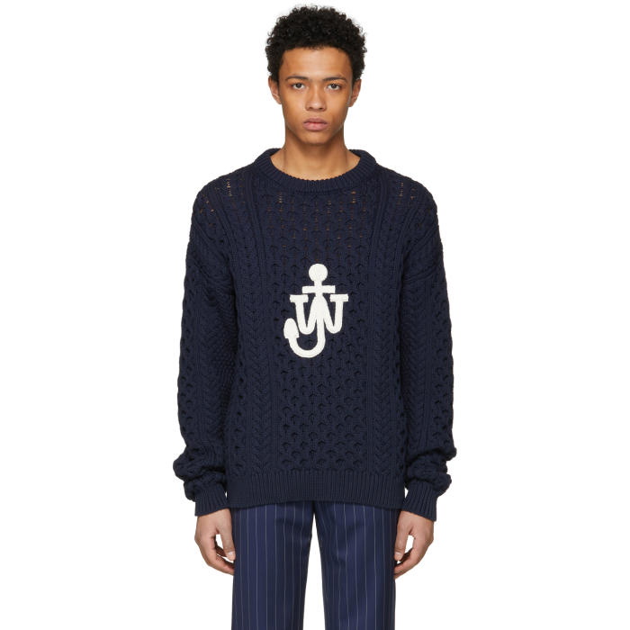 Photo: JW Anderson Navy Cable Knit Logo Sweater
