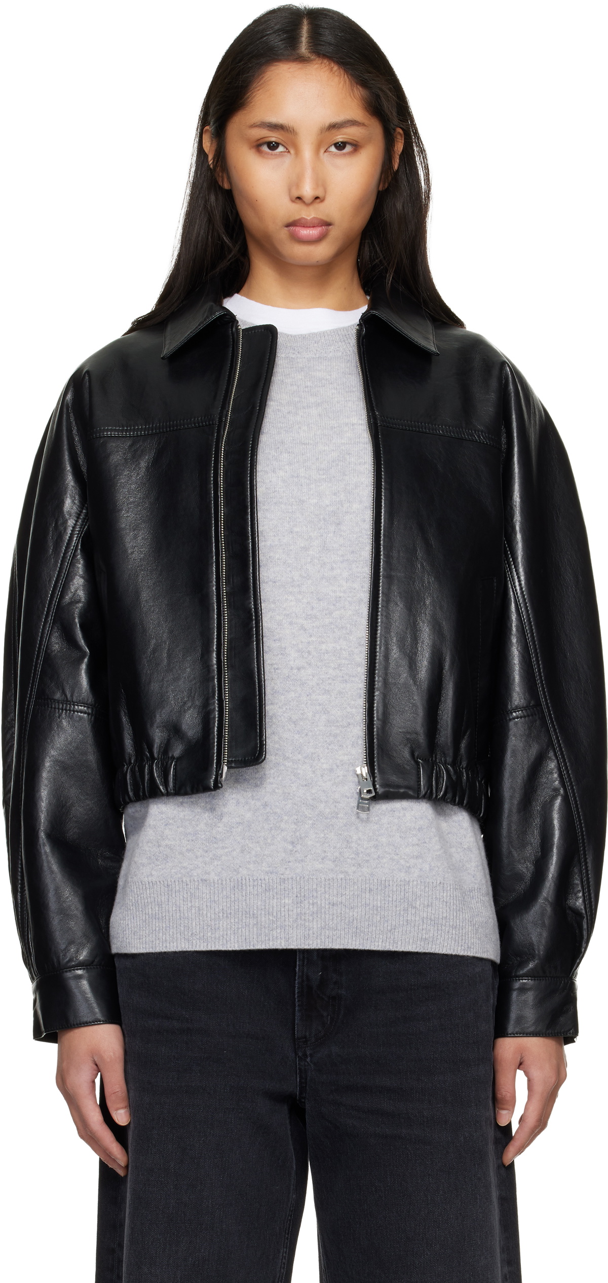 AGOLDE Black Dixon Recycled Leather Bomber Jacket