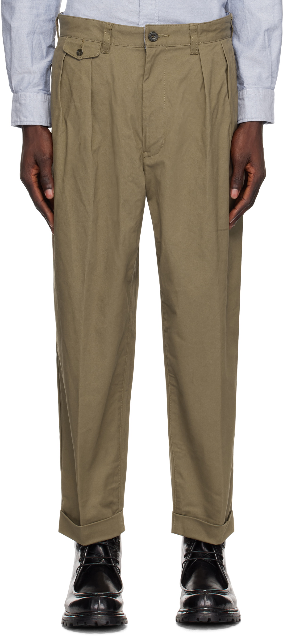 BEAMS PLUS Khaki 2 Pleats Twill Trousers Beams Plus BEAMS PLUS Khaki 2 Pleats Twill Trousers Beams Plus