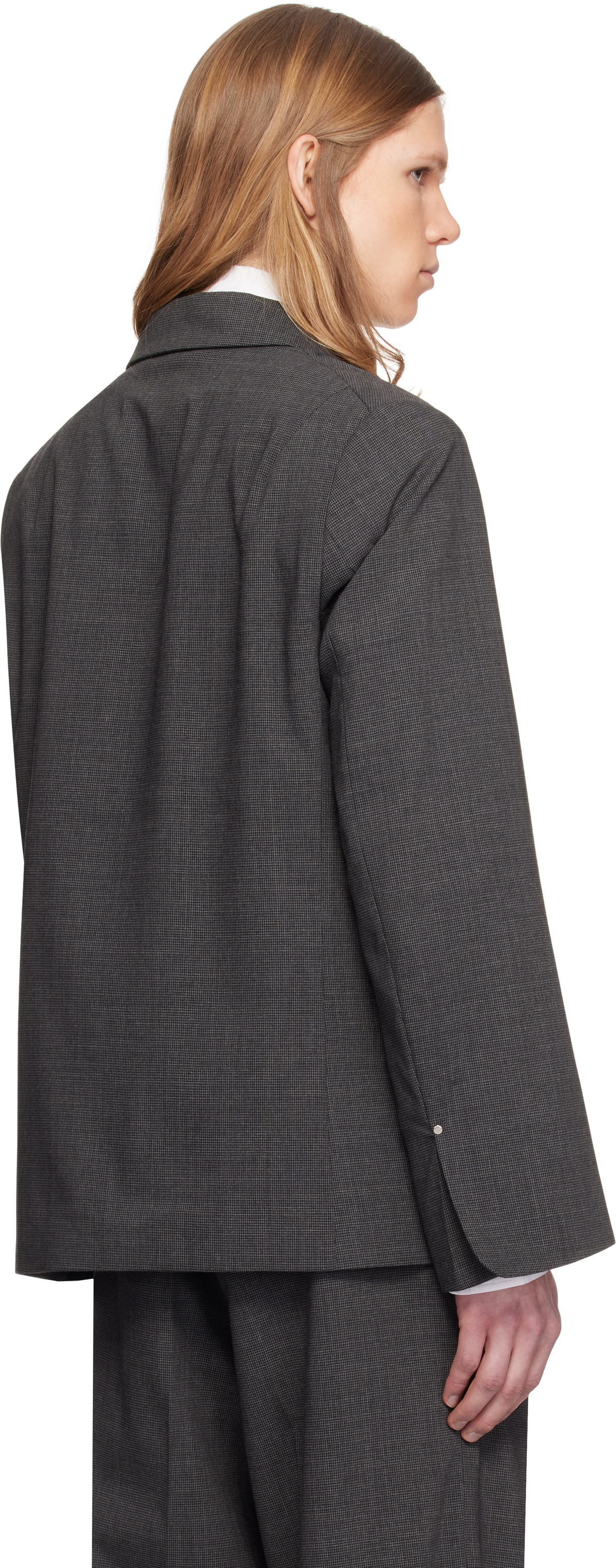 Random Identities Gray Houndstooth Wool Blend Double Breasted Blazer