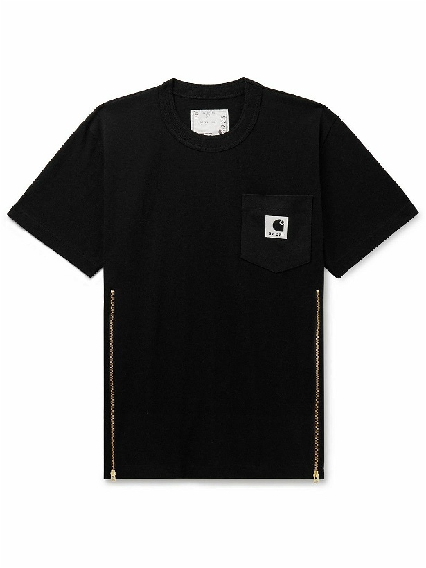 Photo: Sacai - Carhartt WIP Zip-Detailed Logo-Appliquéd Canvas-Trimmed Cotton-Jersey T-Shirt - Black