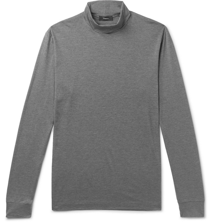 Photo: Theory - Plaito Mélange Silk and Cotton-Blend Rollneck T-Shirt - Gray