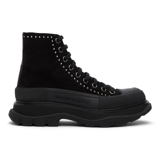Photo: Alexander McQueen SSENSE Exclusive Black Suede Stud Tread Slick Platform Boots