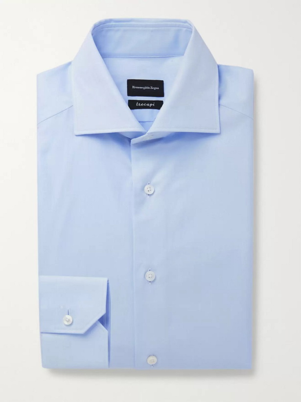 Photo: ERMENEGILDO ZEGNA - Cutaway-Collar Herringbone Cotton Shirt - Blue
