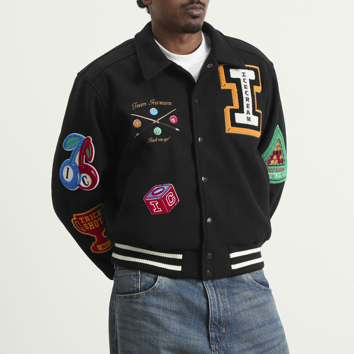 ICECREAM Men's Trick Shot Collared Varsity Jacket in Black