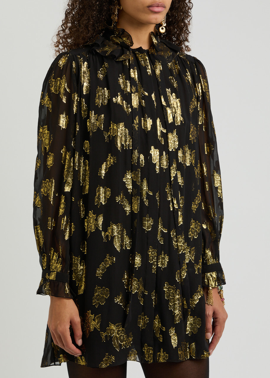 Chloe Metallic Floral-jacquard Silk-blend Mini Dress Black
