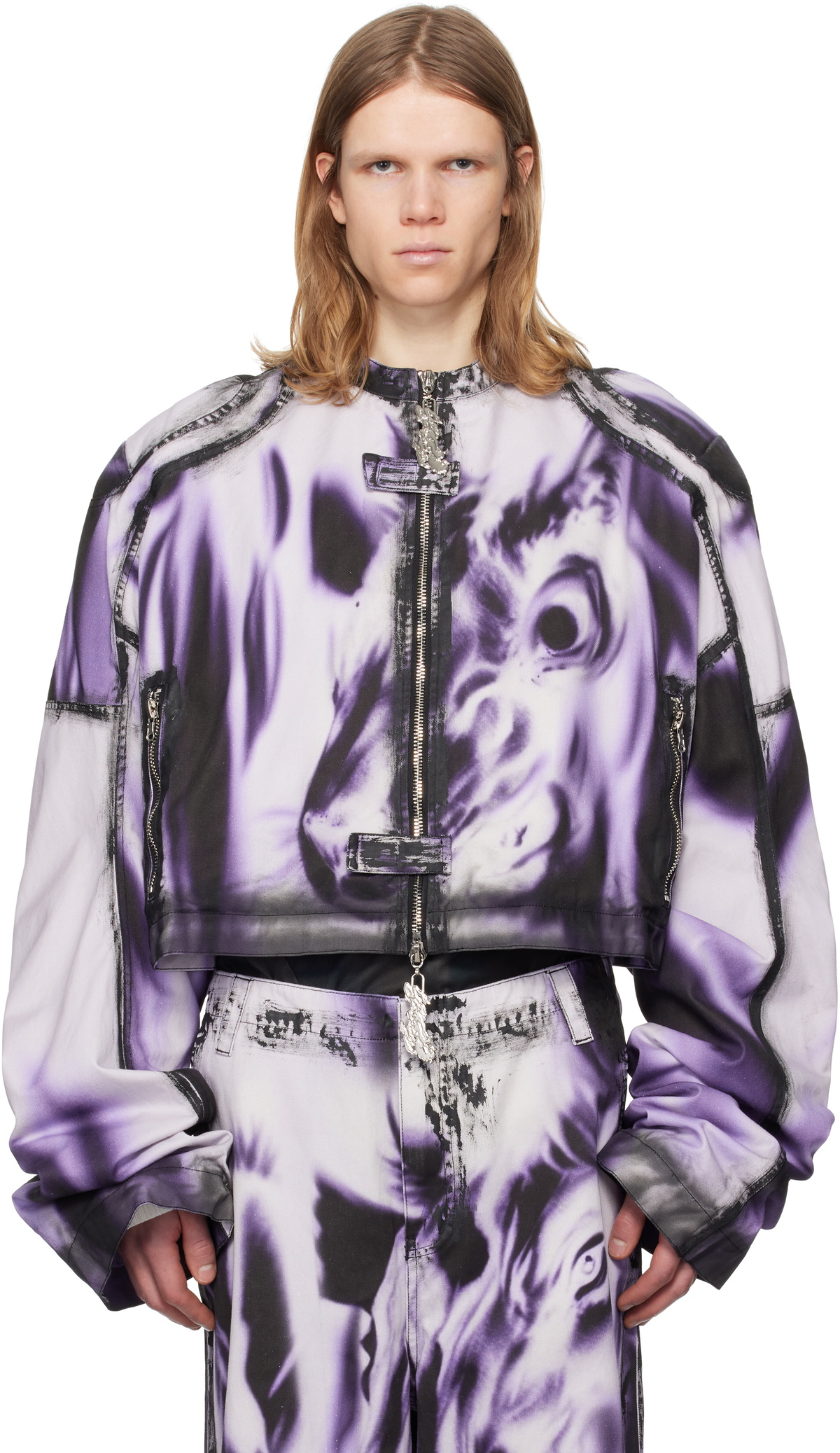 Gerrit Jacob White & Purple Printed Moto Denim Jacket Gerrit Jacob
