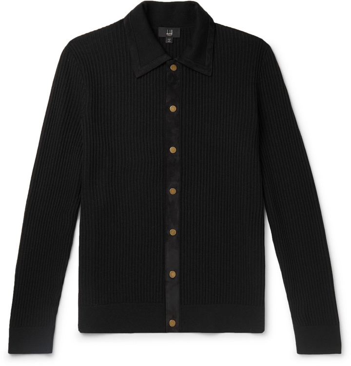 Photo: Dunhill - Suede-Trimmed Ribbed Merino Wool Cardigan - Black