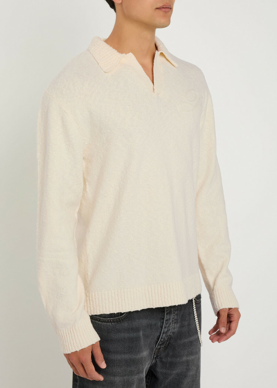 Represent Knitted Logo Bouclé Polo Jumper White