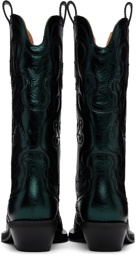 GANNI Green Metallic Mid Shaft Embroidered Western Boots