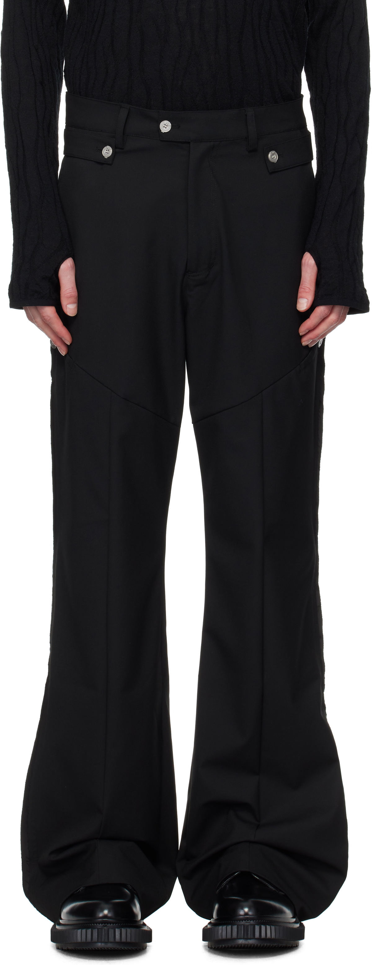 C2H4 Black Paneled Wide Leg Tailored Trousers