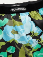 TOM FORD - Velvet-Trimmed Floral-Print Stretch-Silk Satin Boxer Shorts - Blue
